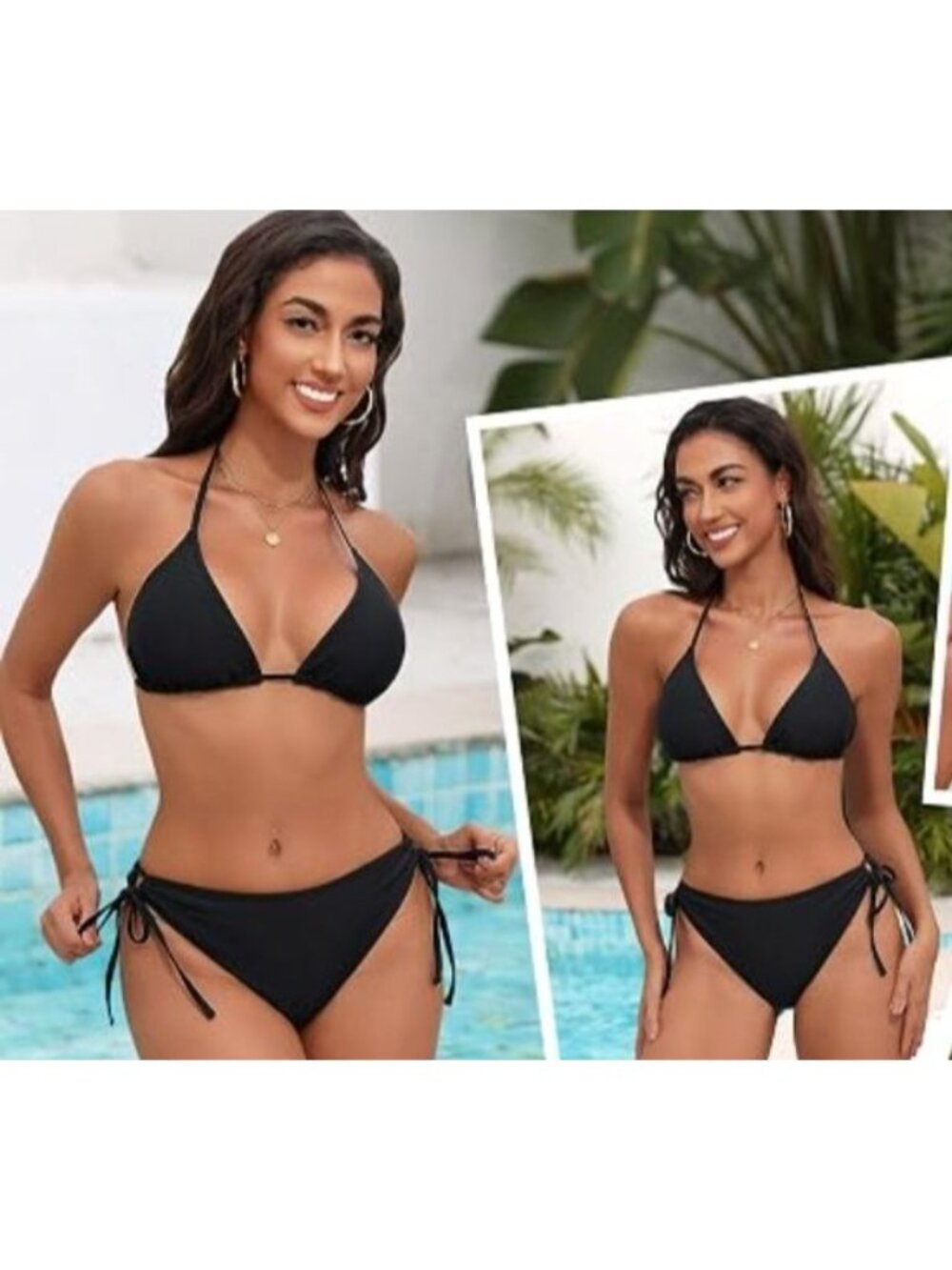 Womens Med Black String Bikini Set Two-Piece Swimsuit Adjustable Halter Top